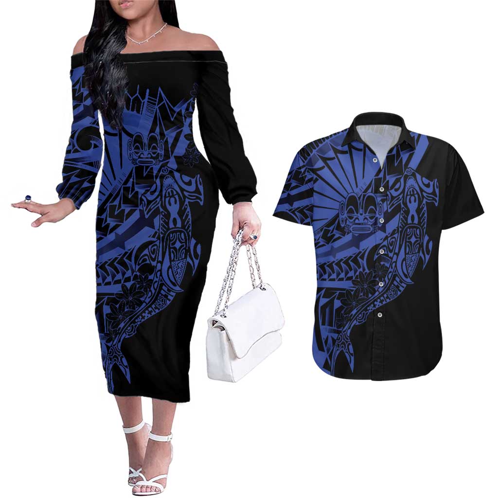 Blue Marquesas Islands Couples Matching Off The Shoulder Long Sleeve Dress and Hawaiian Shirt Marquesan Matatiki Hammerhead Shark Patutiki LT14 Blue - Polynesian Pride