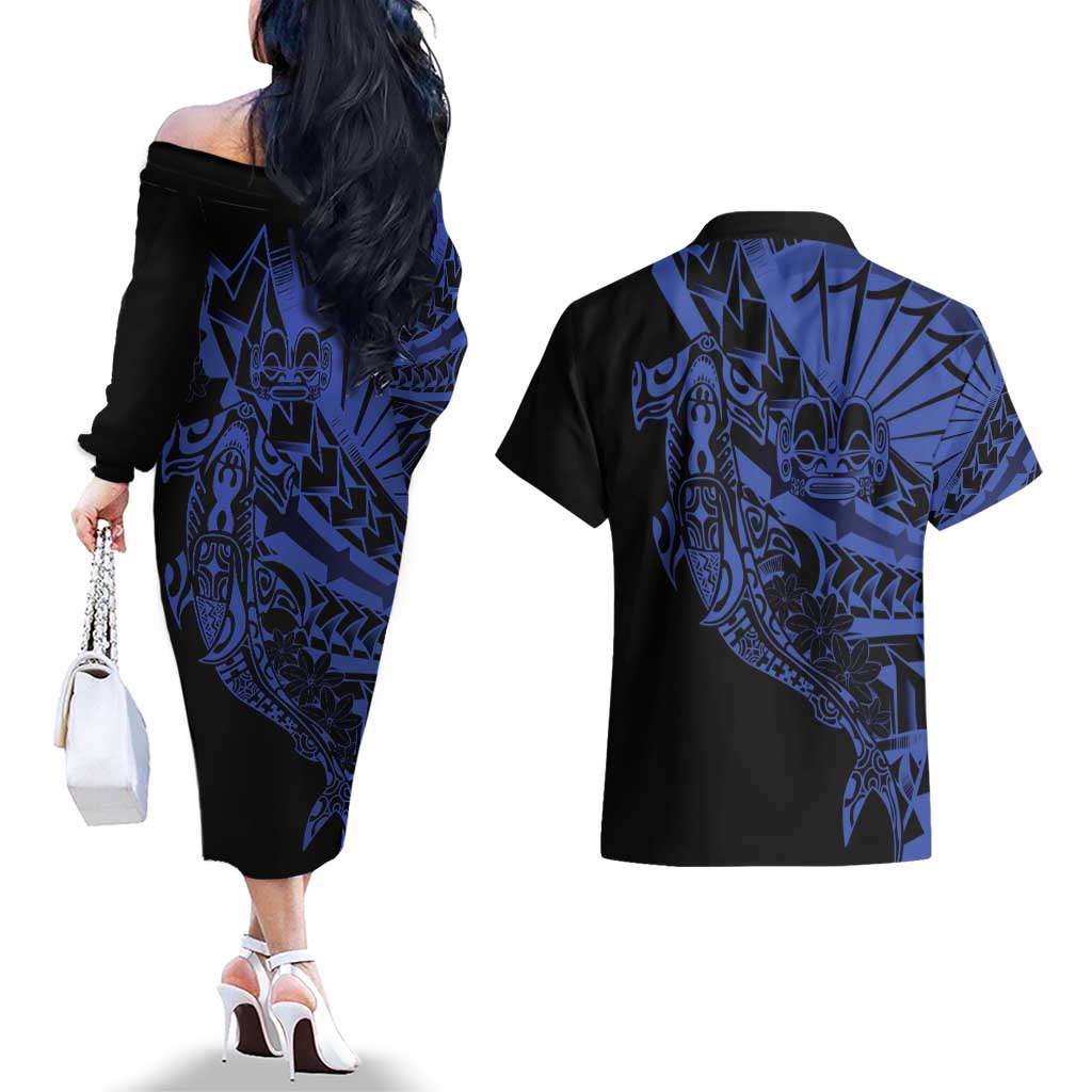 Blue Marquesas Islands Couples Matching Off The Shoulder Long Sleeve Dress and Hawaiian Shirt Marquesan Matatiki Hammerhead Shark Patutiki LT14 - Polynesian Pride