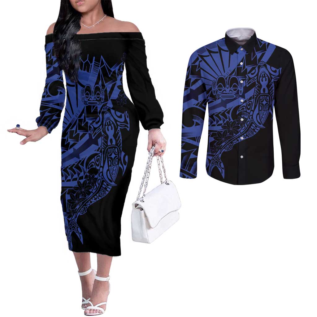 Blue Marquesas Islands Couples Matching Off The Shoulder Long Sleeve Dress and Long Sleeve Button Shirt Marquesan Matatiki Hammerhead Shark Patutiki LT14 Blue - Polynesian Pride