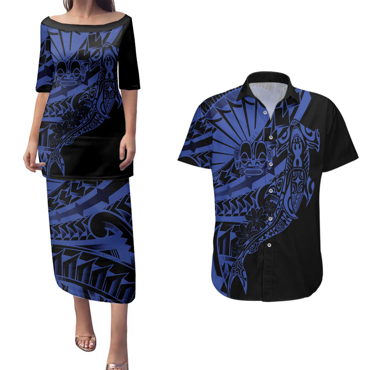 Blue Marquesas Islands Couples Matching Puletasi and Hawaiian Shirt Marquesan Matatiki Hammerhead Shark Patutiki - Polynesian Pride