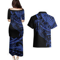 Blue Marquesas Islands Couples Matching Puletasi and Hawaiian Shirt Marquesan Matatiki Hammerhead Shark Patutiki - Polynesian Pride