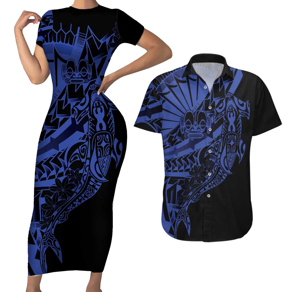 Blue Marquesas Islands Couples Matching Short Sleeve Bodycon Dress and Hawaiian Shirt Marquesan Matatiki Hammerhead Shark Patutiki LT14 Blue - Polynesian Pride