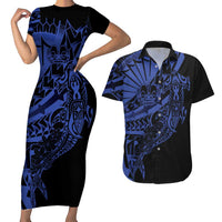 Blue Marquesas Islands Couples Matching Short Sleeve Bodycon Dress and Hawaiian Shirt Marquesan Matatiki Hammerhead Shark Patutiki LT14 Blue - Polynesian Pride