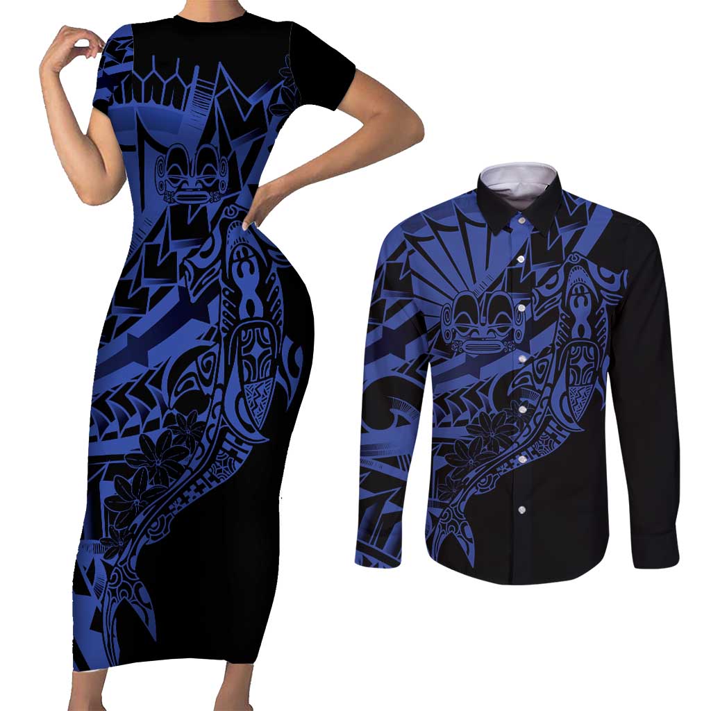 Blue Marquesas Islands Couples Matching Short Sleeve Bodycon Dress and Long Sleeve Button Shirt Marquesan Matatiki Hammerhead Shark Patutiki LT14 Blue - Polynesian Pride