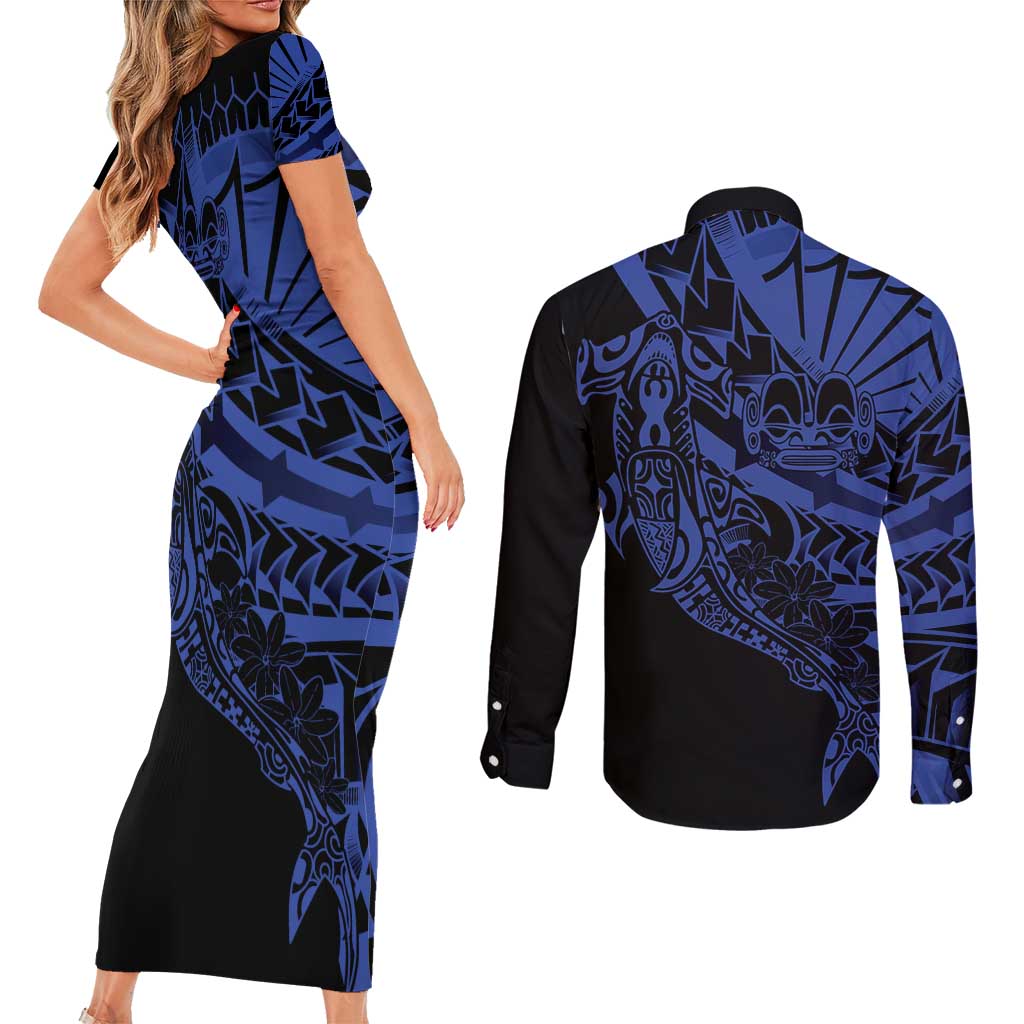 Blue Marquesas Islands Couples Matching Short Sleeve Bodycon Dress and Long Sleeve Button Shirt Marquesan Matatiki Hammerhead Shark Patutiki LT14 - Polynesian Pride