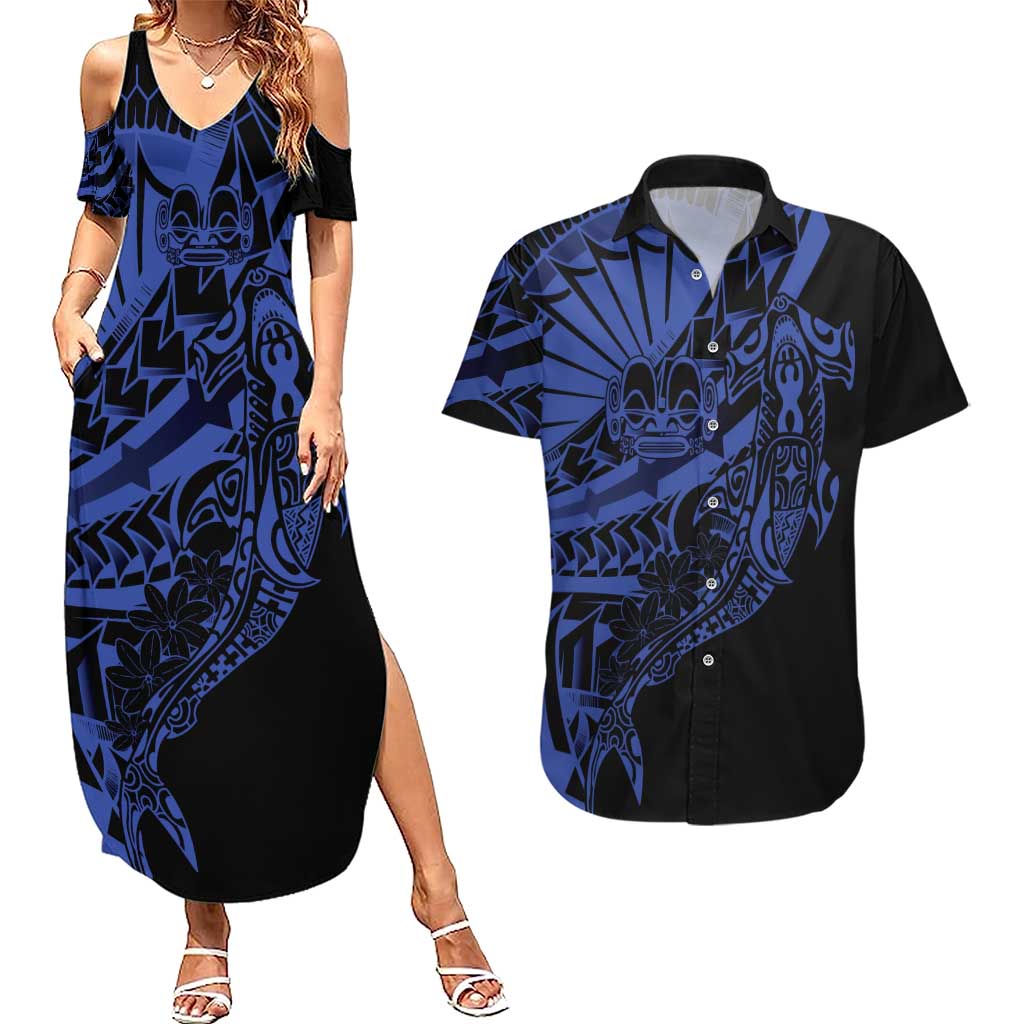 Blue Marquesas Islands Couples Matching Summer Maxi Dress and Hawaiian Shirt Marquesan Matatiki Hammerhead Shark Patutiki LT14 Blue - Polynesian Pride