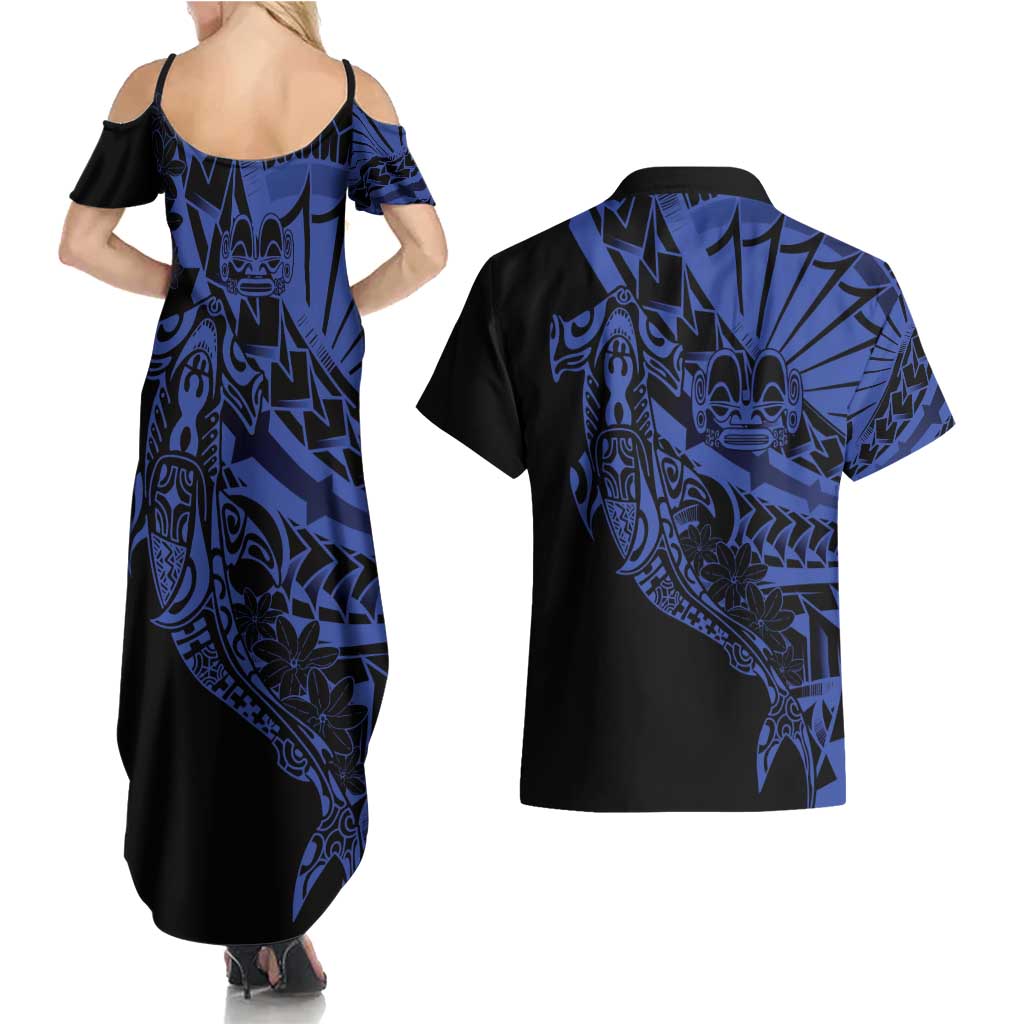 Blue Marquesas Islands Couples Matching Summer Maxi Dress and Hawaiian Shirt Marquesan Matatiki Hammerhead Shark Patutiki LT14 - Polynesian Pride