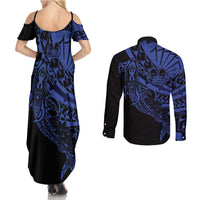 Blue Marquesas Islands Couples Matching Summer Maxi Dress and Long Sleeve Button Shirt Marquesan Matatiki Hammerhead Shark Patutiki - Polynesian Pride