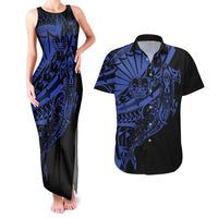 Blue Marquesas Islands Couples Matching Tank Maxi Dress and Hawaiian Shirt Marquesan Matatiki Hammerhead Shark Patutiki LT14 Blue - Polynesian Pride