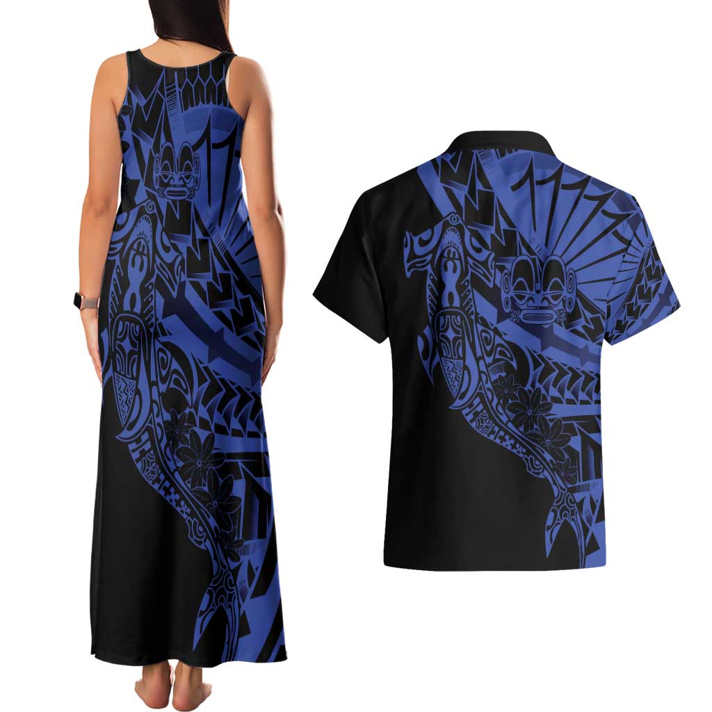 Blue Marquesas Islands Couples Matching Tank Maxi Dress and Hawaiian Shirt Marquesan Matatiki Hammerhead Shark Patutiki LT14 - Polynesian Pride
