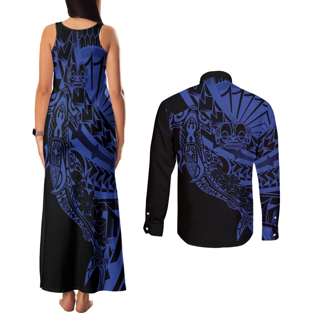 Blue Marquesas Islands Couples Matching Tank Maxi Dress and Long Sleeve Button Shirt Marquesan Matatiki Hammerhead Shark Patutiki LT14 - Polynesian Pride