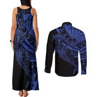 Blue Marquesas Islands Couples Matching Tank Maxi Dress and Long Sleeve Button Shirt Marquesan Matatiki Hammerhead Shark Patutiki LT14 - Polynesian Pride