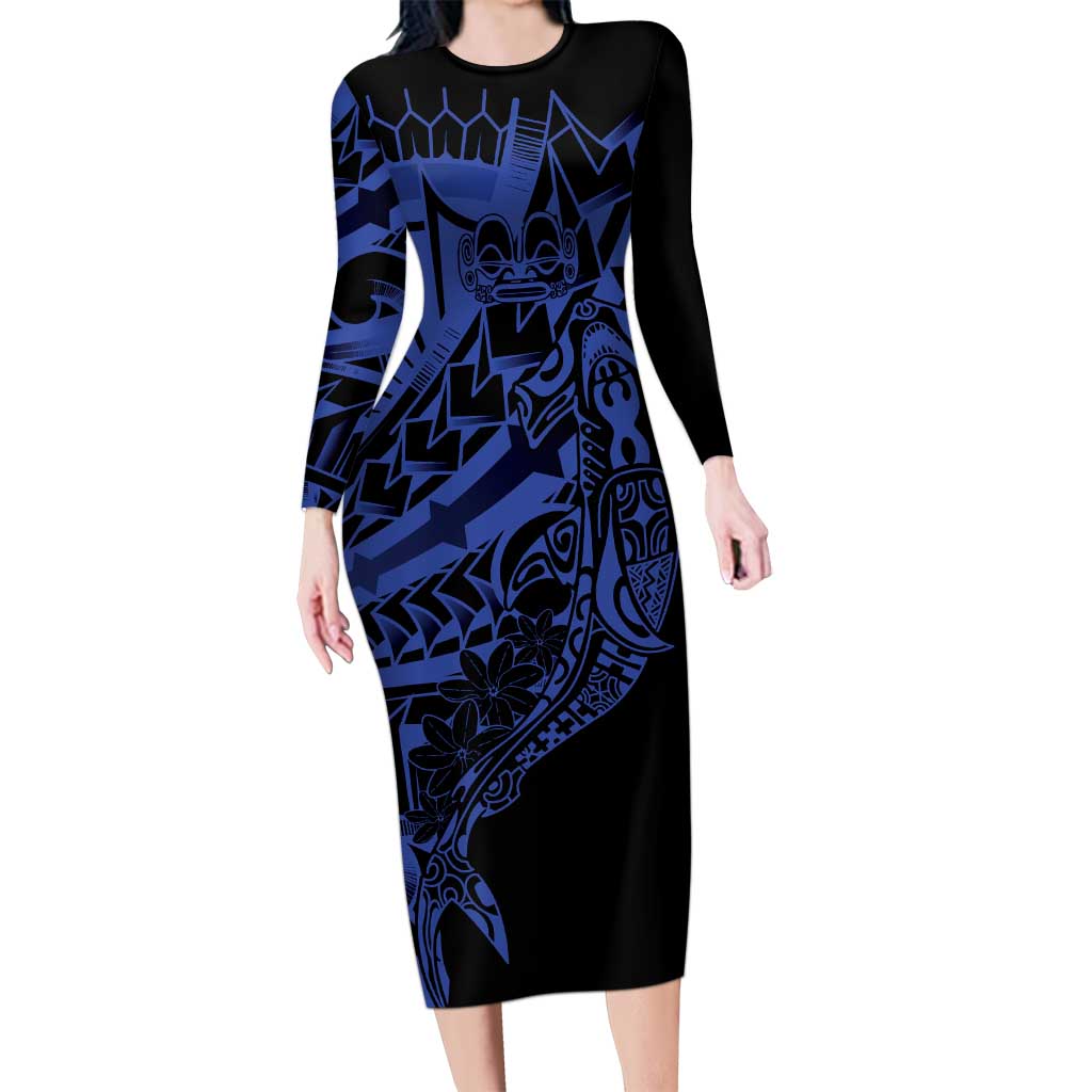 Blue Marquesas Islands Family Matching Long Sleeve Bodycon Dress and Hawaiian Shirt Marquesan Matatiki Hammerhead Shark Patutiki LT14 Mom's Dress Blue - Polynesian Pride