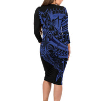Blue Marquesas Islands Family Matching Long Sleeve Bodycon Dress and Hawaiian Shirt Marquesan Matatiki Hammerhead Shark Patutiki LT14 - Polynesian Pride