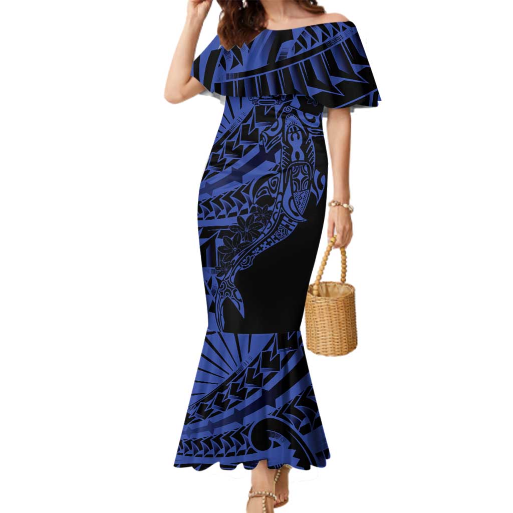 Blue Marquesas Islands Family Matching Mermaid Dress and Hawaiian Shirt Marquesan Matatiki Hammerhead Shark Patutiki LT14 Mom's Dress Blue - Polynesian Pride