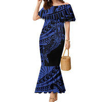 Blue Marquesas Islands Family Matching Mermaid Dress and Hawaiian Shirt Marquesan Matatiki Hammerhead Shark Patutiki LT14 Mom's Dress Blue - Polynesian Pride