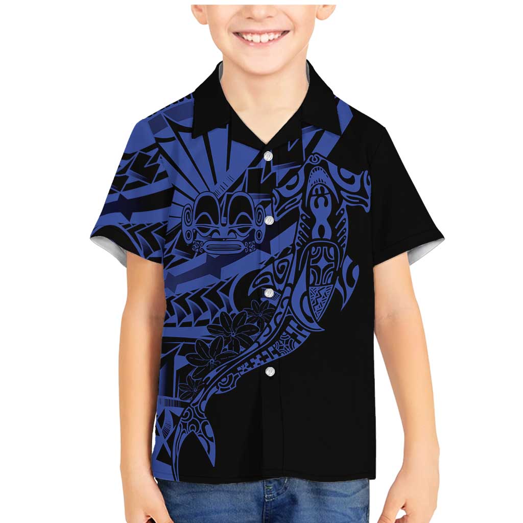 Blue Marquesas Islands Family Matching Mermaid Dress and Hawaiian Shirt Marquesan Matatiki Hammerhead Shark Patutiki LT14 Son's Shirt Blue - Polynesian Pride