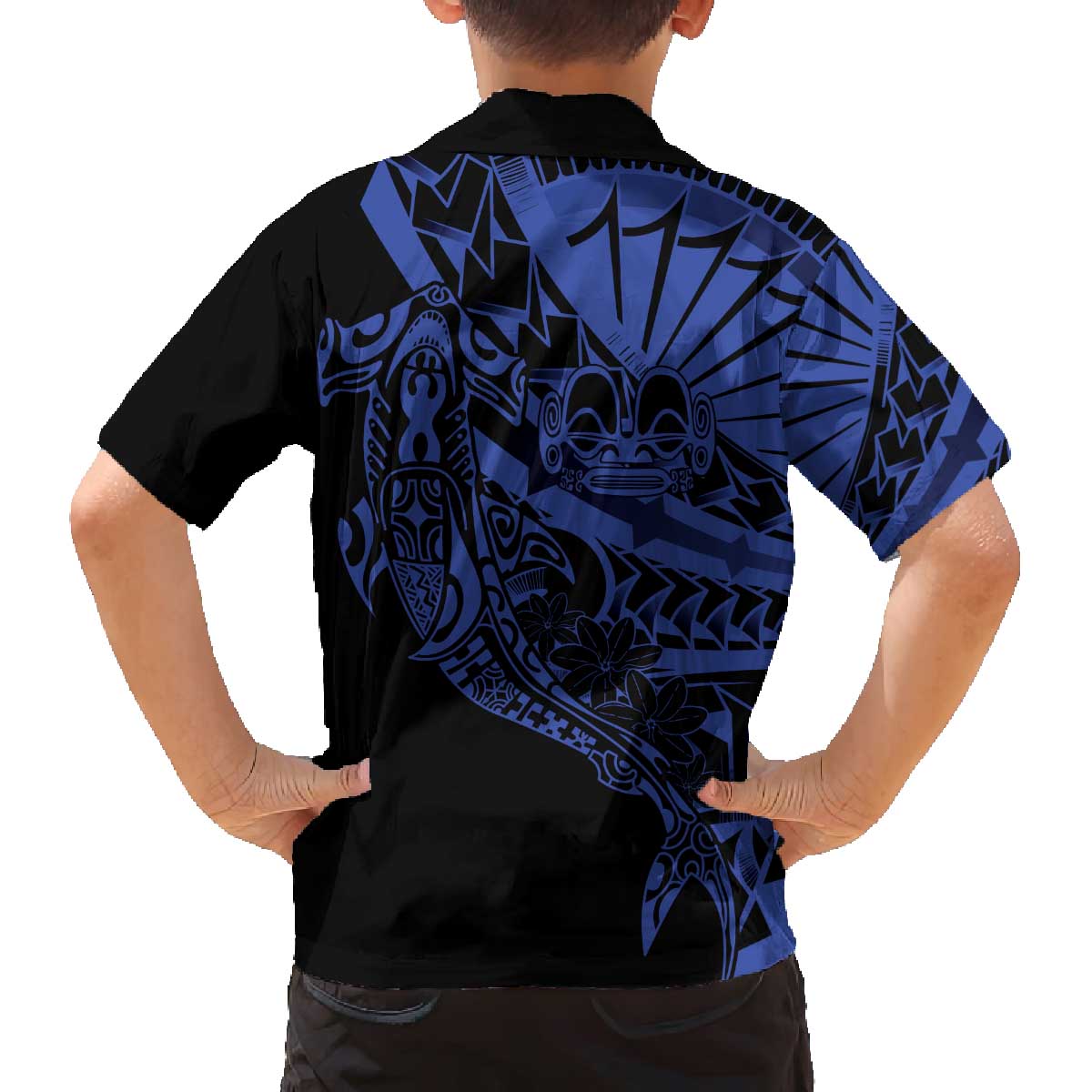 Blue Marquesas Islands Family Matching Off The Shoulder Long Sleeve Dress and Hawaiian Shirt Marquesan Matatiki Hammerhead Shark Patutiki LT14 - Polynesian Pride
