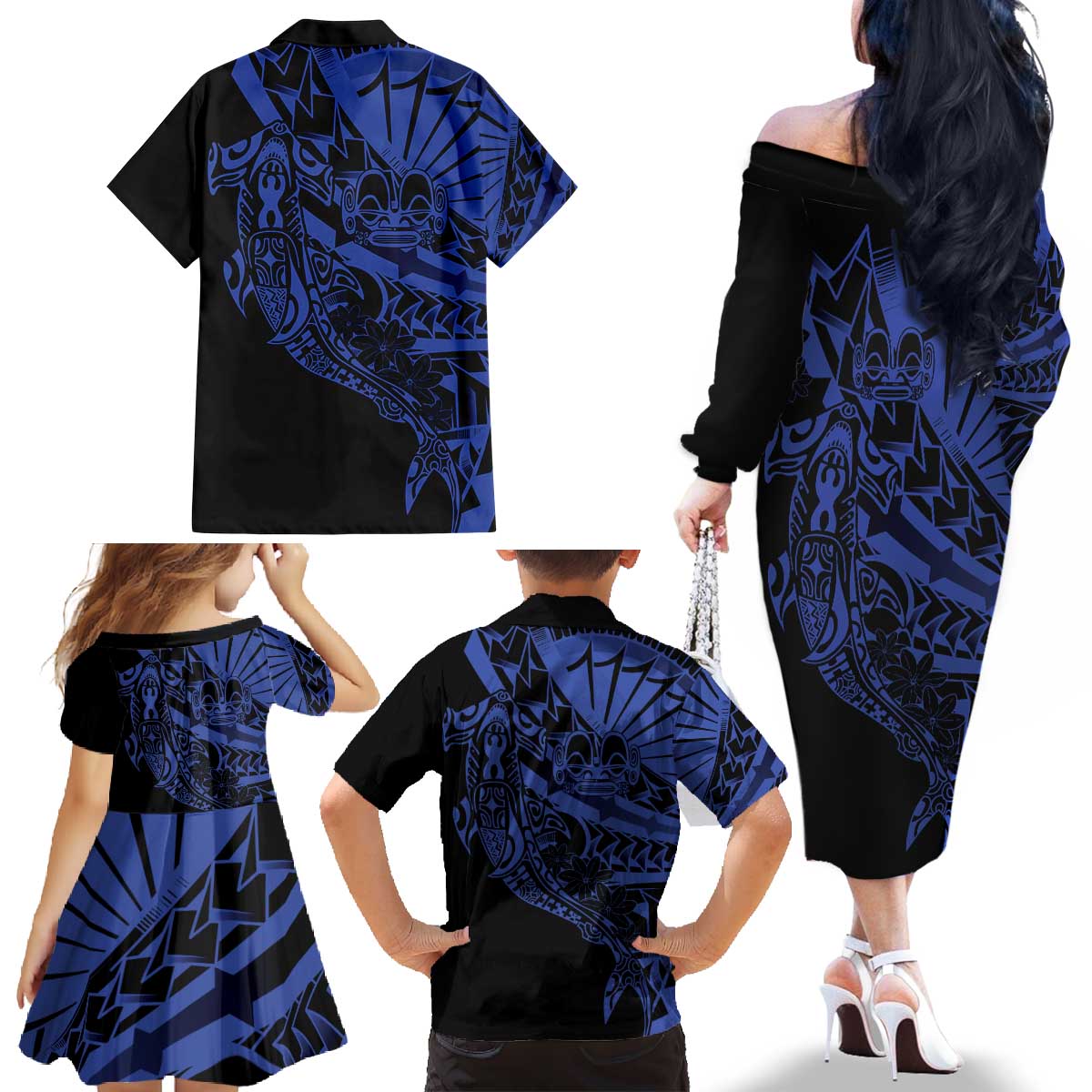 Blue Marquesas Islands Family Matching Off The Shoulder Long Sleeve Dress and Hawaiian Shirt Marquesan Matatiki Hammerhead Shark Patutiki LT14 - Polynesian Pride