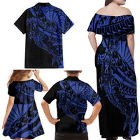 Blue Marquesas Islands Family Matching Off Shoulder Maxi Dress and Hawaiian Shirt Marquesan Matatiki Hammerhead Shark Patutiki LT14 - Polynesian Pride