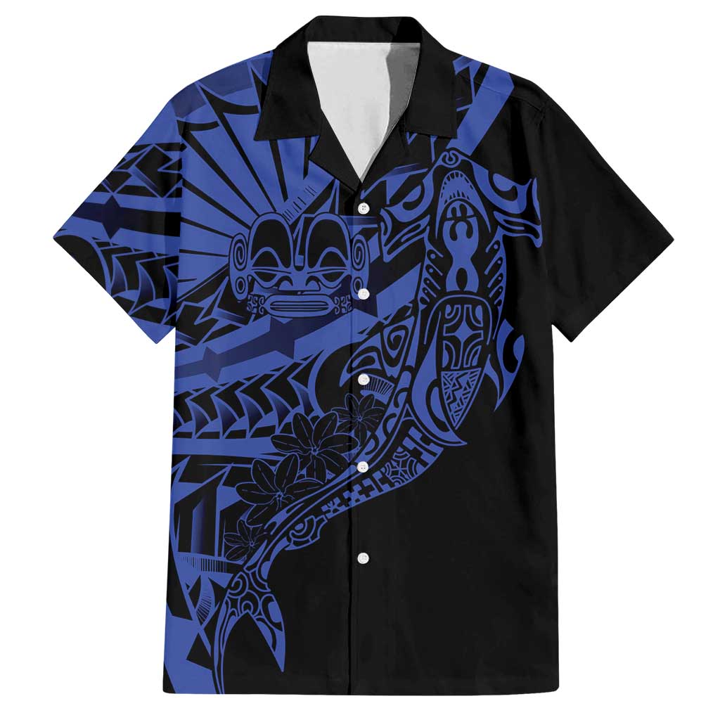 Blue Marquesas Islands Family Matching Off Shoulder Maxi Dress and Hawaiian Shirt Marquesan Matatiki Hammerhead Shark Patutiki LT14 Dad's Shirt - Short Sleeve Blue - Polynesian Pride