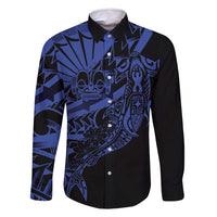 Blue Marquesas Islands Family Matching Off Shoulder Maxi Dress and Hawaiian Shirt Marquesan Matatiki Hammerhead Shark Patutiki LT14 Dad's Shirt - Long Sleeve Blue - Polynesian Pride