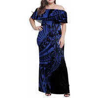 Blue Marquesas Islands Family Matching Off Shoulder Maxi Dress and Hawaiian Shirt Marquesan Matatiki Hammerhead Shark Patutiki LT14 Mom's Dress Blue - Polynesian Pride