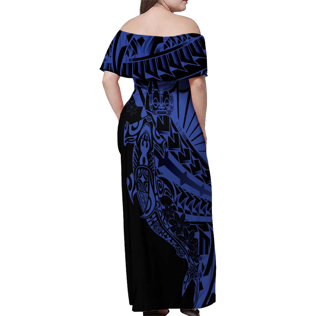 Blue Marquesas Islands Family Matching Off Shoulder Maxi Dress and Hawaiian Shirt Marquesan Matatiki Hammerhead Shark Patutiki LT14 - Polynesian Pride