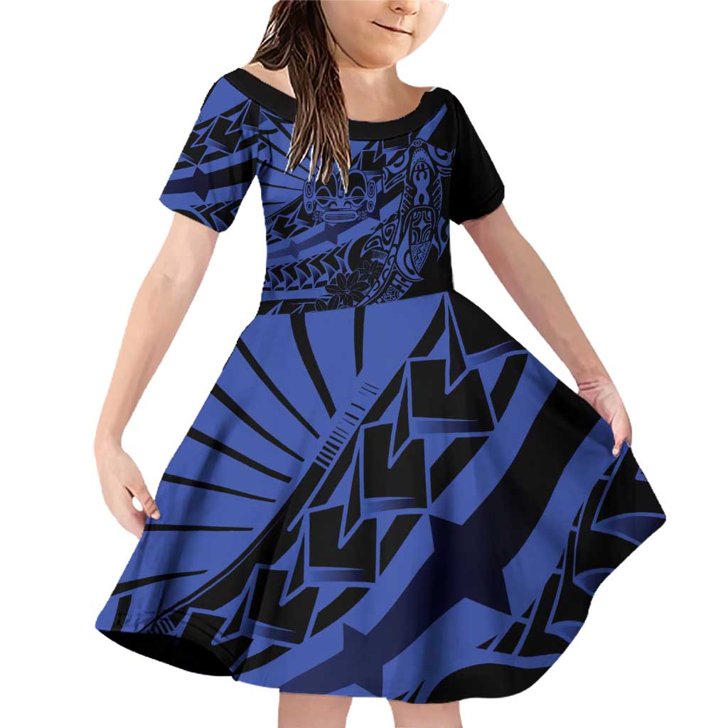 Blue Marquesas Islands Family Matching Off Shoulder Short Dress and Hawaiian Shirt Marquesan Matatiki Hammerhead Shark Patutiki LT14 Daughter's Dress Blue - Polynesian Pride