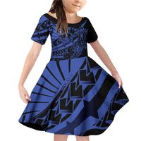 Blue Marquesas Islands Family Matching Off Shoulder Short Dress and Hawaiian Shirt Marquesan Matatiki Hammerhead Shark Patutiki LT14 Daughter's Dress Blue - Polynesian Pride
