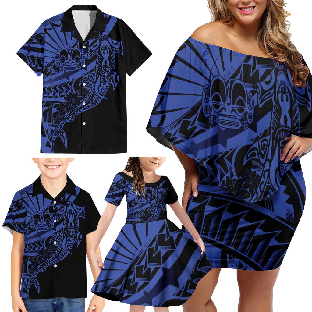 Blue Marquesas Islands Family Matching Off Shoulder Short Dress and Hawaiian Shirt Marquesan Matatiki Hammerhead Shark Patutiki LT14 - Polynesian Pride