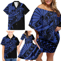 Blue Marquesas Islands Family Matching Off Shoulder Short Dress and Hawaiian Shirt Marquesan Matatiki Hammerhead Shark Patutiki LT14 - Polynesian Pride