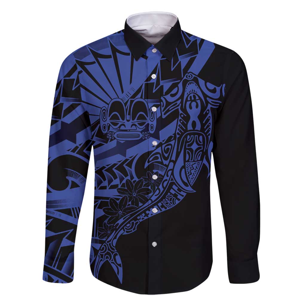 Blue Marquesas Islands Family Matching Off Shoulder Short Dress and Hawaiian Shirt Marquesan Matatiki Hammerhead Shark Patutiki LT14 Dad's Shirt - Long Sleeve Blue - Polynesian Pride