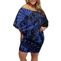 Blue Marquesas Islands Family Matching Off Shoulder Short Dress and Hawaiian Shirt Marquesan Matatiki Hammerhead Shark Patutiki LT14 Mom's Dress Blue - Polynesian Pride