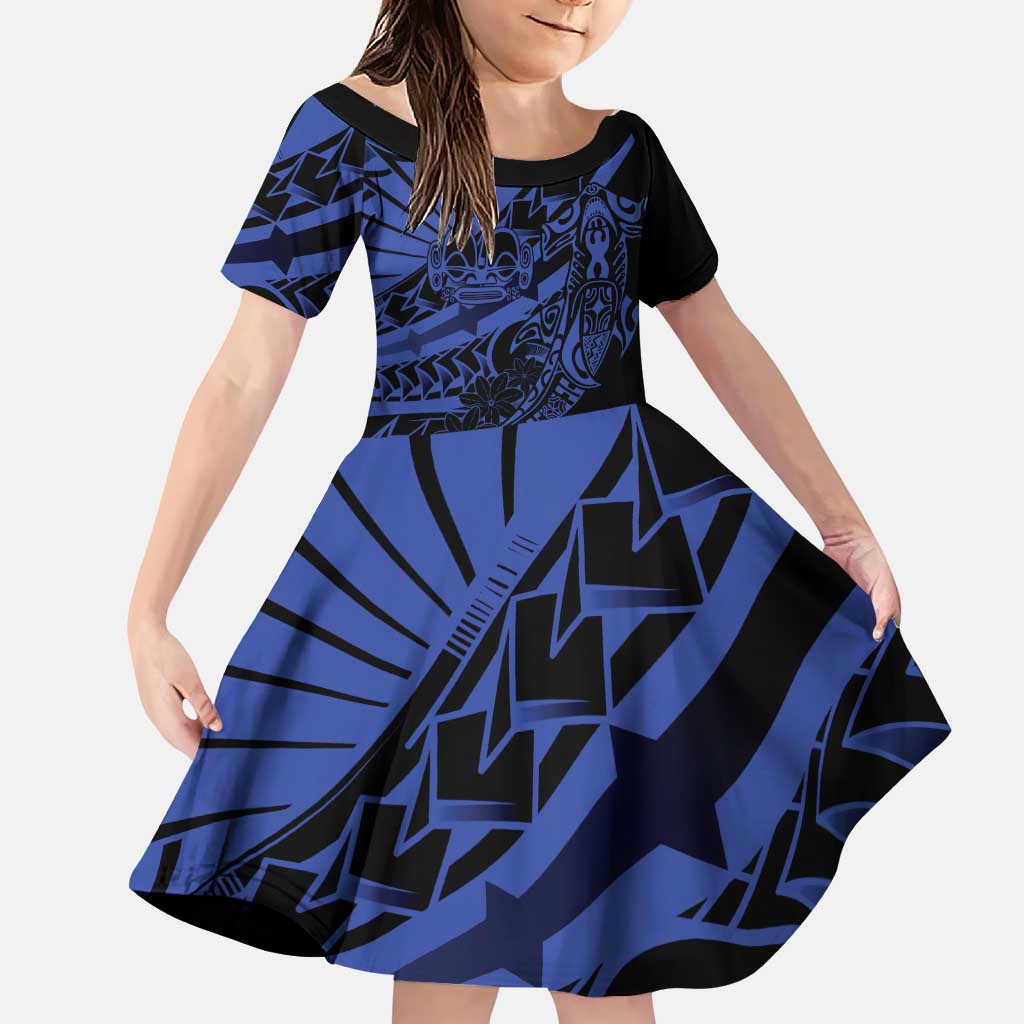 Blue Marquesas Islands Family Matching Puletasi and Hawaiian Shirt Marquesan Matatiki Hammerhead Shark Patutiki LT14 Daughter's Dress Blue - Polynesian Pride