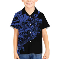 Blue Marquesas Islands Family Matching Puletasi and Hawaiian Shirt Marquesan Matatiki Hammerhead Shark Patutiki LT14 Son's Shirt Blue - Polynesian Pride