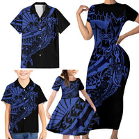 Blue Marquesas Islands Family Matching Short Sleeve Bodycon Dress and Hawaiian Shirt Marquesan Matatiki Hammerhead Shark Patutiki LT14 - Polynesian Pride