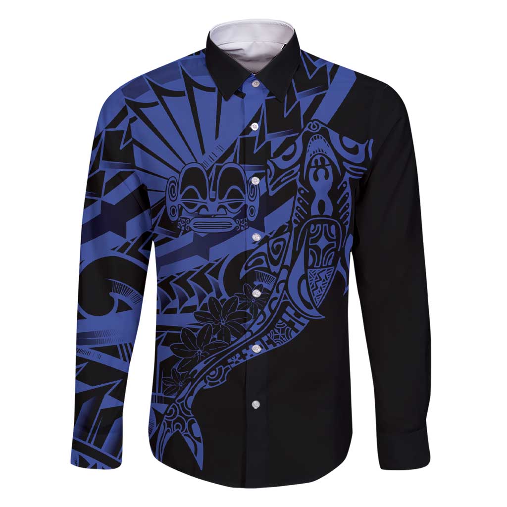 Blue Marquesas Islands Family Matching Short Sleeve Bodycon Dress and Hawaiian Shirt Marquesan Matatiki Hammerhead Shark Patutiki LT14 Dad's Shirt - Long Sleeve Blue - Polynesian Pride