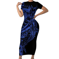 Blue Marquesas Islands Family Matching Short Sleeve Bodycon Dress and Hawaiian Shirt Marquesan Matatiki Hammerhead Shark Patutiki LT14 Mom's Dress Blue - Polynesian Pride