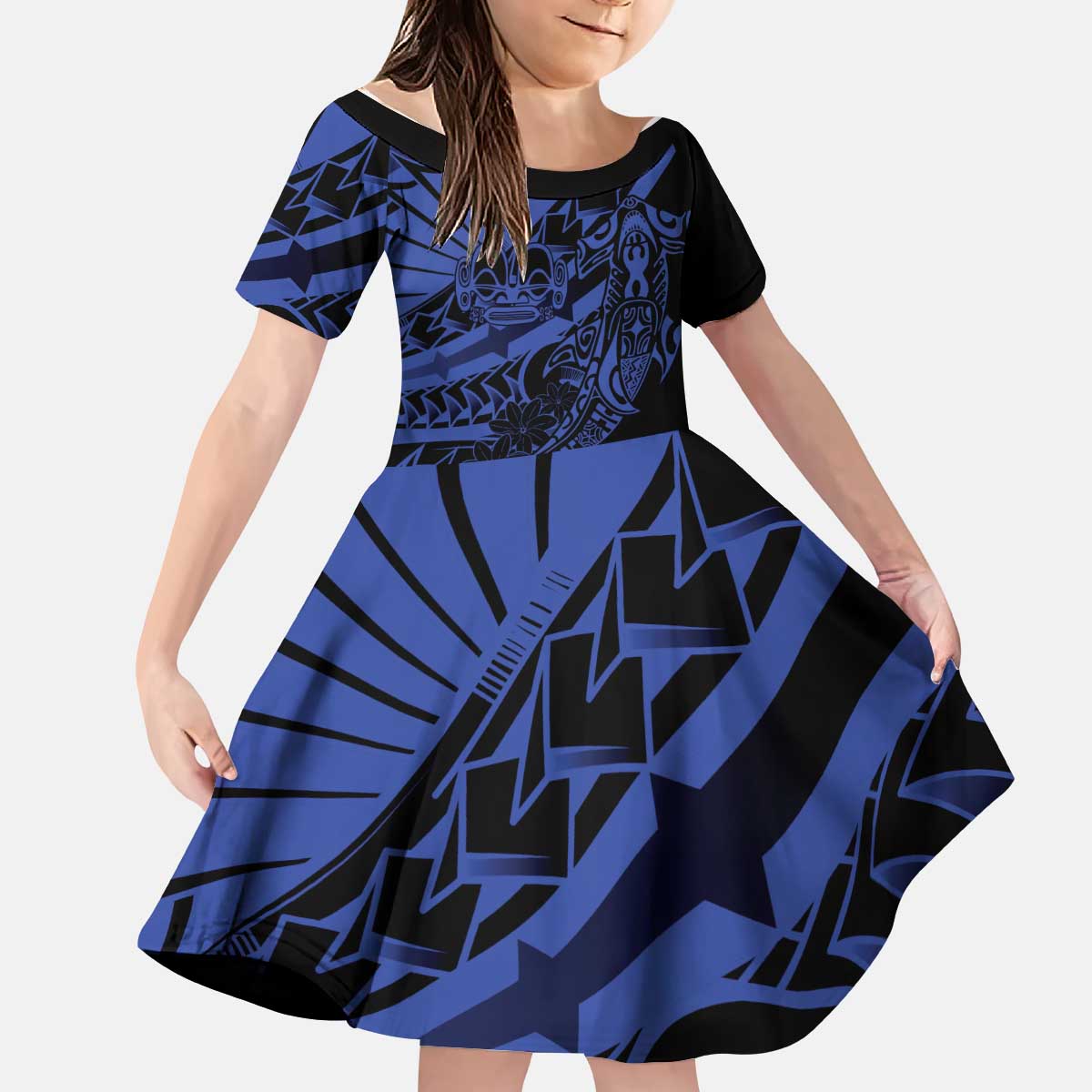 Blue Marquesas Islands Kid Short Sleeve Dress Marquesan Matatiki Hammerhead Shark Patutiki - Polynesian Pride