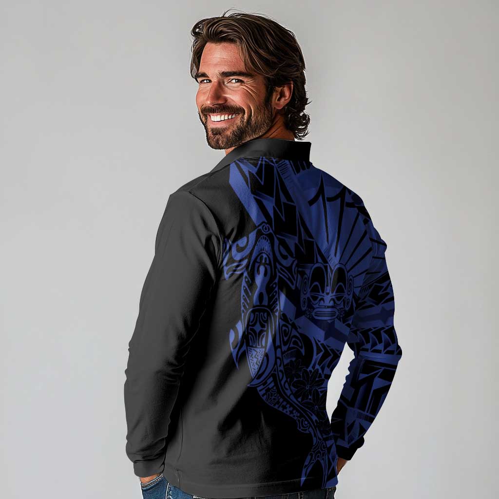 Blue Marquesas Islands Long Sleeve Polo Shirt Marquesan Matatiki Hammerhead Shark Patutiki - Polynesian Pride