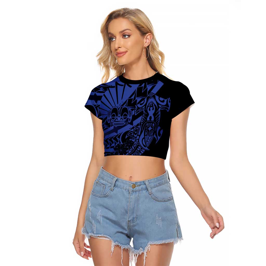 Blue Marquesas Islands Raglan Cropped T Shirt Marquesan Matatiki Hammerhead Shark Patutiki - Polynesian Pride
