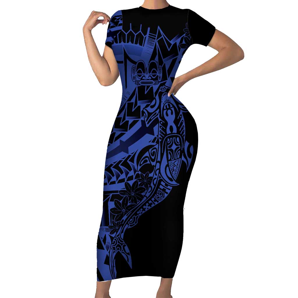Blue Marquesas Islands Short Sleeve Bodycon Dress Marquesan Matatiki Hammerhead Shark Patutiki - Polynesian Pride