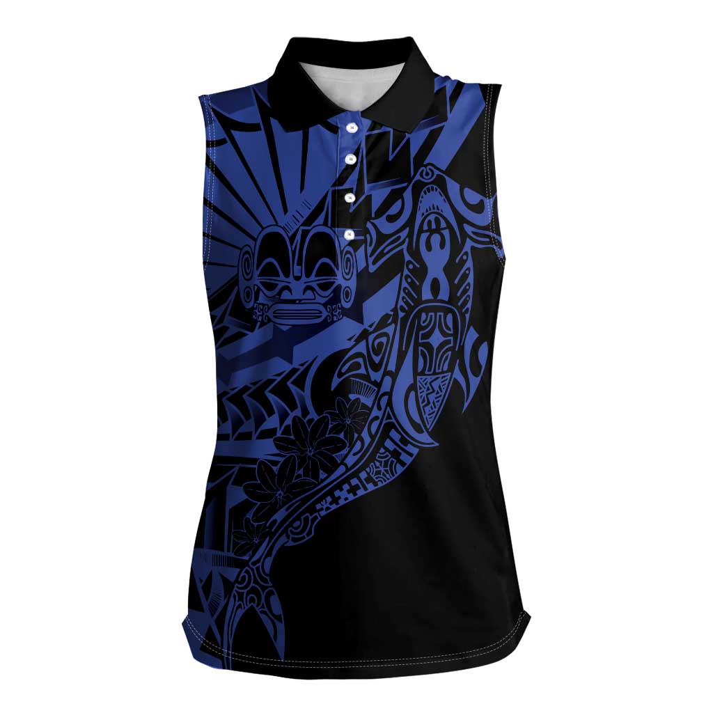 Blue Marquesas Islands Women Sleeveless Polo Shirt Marquesan Matatiki Hammerhead Shark Patutiki LT14 Female Blue - Polynesian Pride