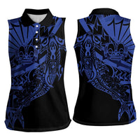 Blue Marquesas Islands Women Sleeveless Polo Shirt Marquesan Matatiki Hammerhead Shark Patutiki LT14 - Polynesian Pride