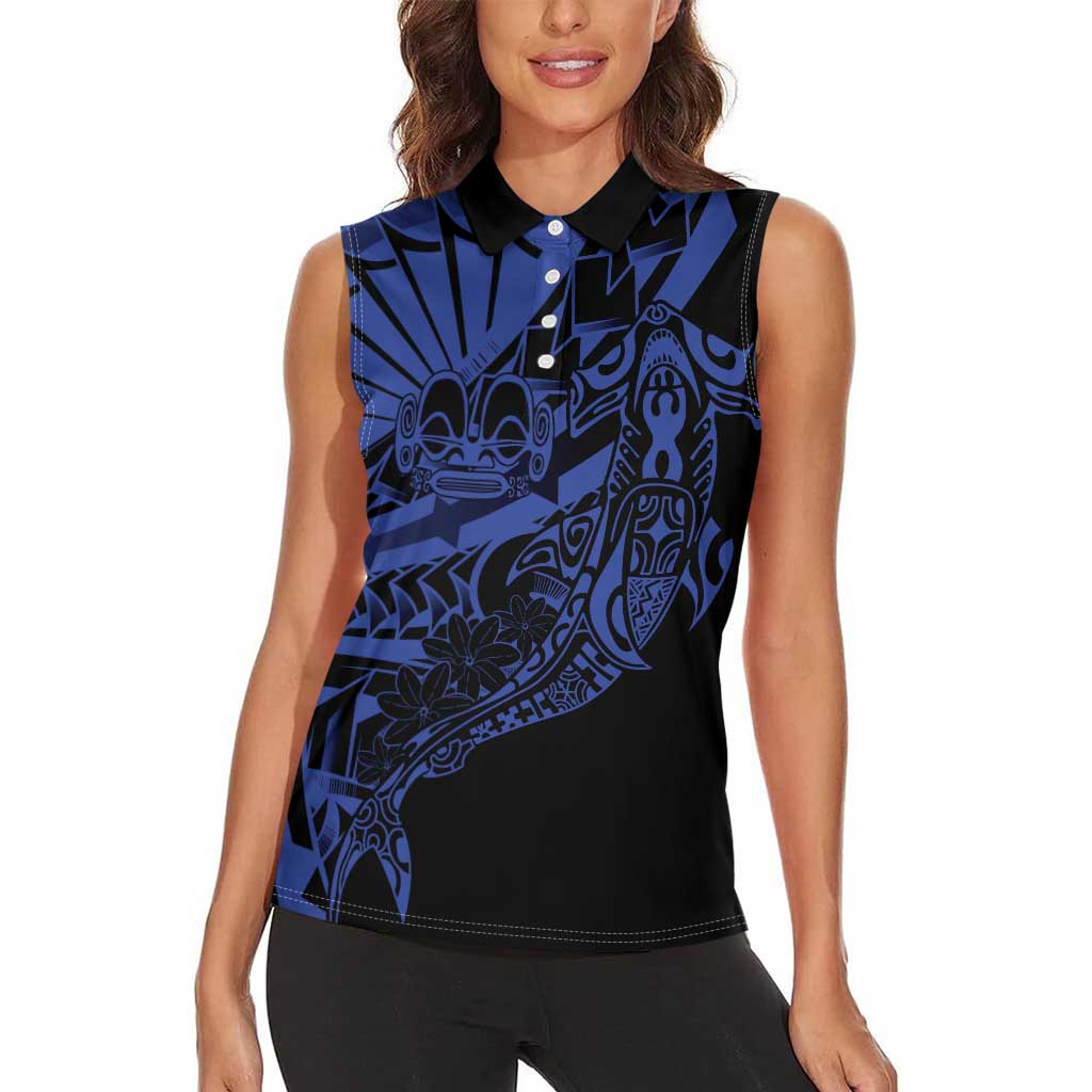 Blue Marquesas Islands Women Sleeveless Polo Shirt Marquesan Matatiki Hammerhead Shark Patutiki LT14 - Polynesian Pride