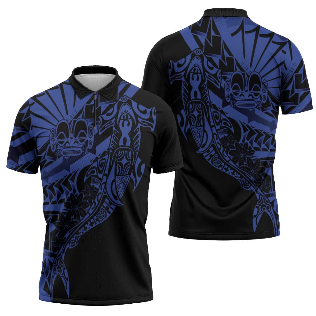 Blue Marquesas Islands Zipper Polo Shirt Marquesan Matatiki Hammerhead Shark Patutiki - Polynesian Pride