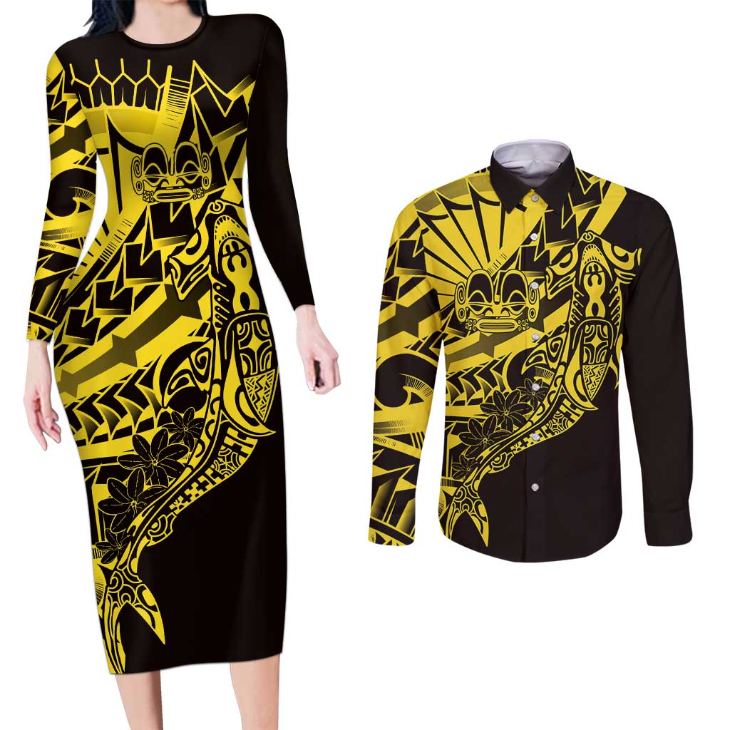 Yellow Marquesas Islands Couples Matching Long Sleeve Bodycon Dress and Long Sleeve Button Shirt Marquesan Matatiki Hammerhead Shark Patutiki LT14 Yellow - Polynesian Pride
