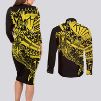 Yellow Marquesas Islands Couples Matching Long Sleeve Bodycon Dress and Long Sleeve Button Shirt Marquesan Matatiki Hammerhead Shark Patutiki LT14 - Polynesian Pride