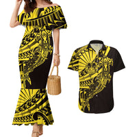 Yellow Marquesas Islands Couples Matching Mermaid Dress and Hawaiian Shirt Marquesan Matatiki Hammerhead Shark Patutiki LT14 Yellow - Polynesian Pride